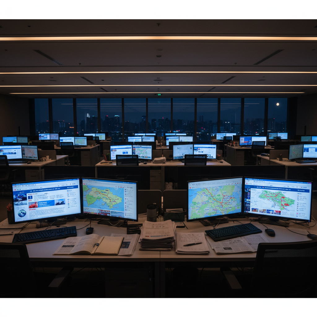 A wide panoramic photographic scene of a quiet, dimly lit newsroom interior at night, but without any people present. Multiple large computer monitors on sleek, dark desks display Chinese-language news sites and maps of Ukraine, their cool bluish glow softly illuminating keyboards, notebooks, and neatly stacked printouts. Outside the tall windows, a calm city skyline is visible in slight blur. Overhead, subtle ceiling lights add minimal warm contrast, creating a balanced, focused atmosphere. Captured at eye level with a slightly wide-angle lens, sharp focus on the foreground monitors and a gentle falloff into the background. The mood is professional, vigilant, and contemplative, emphasizing continuous coverage and dedication to peace reporting.