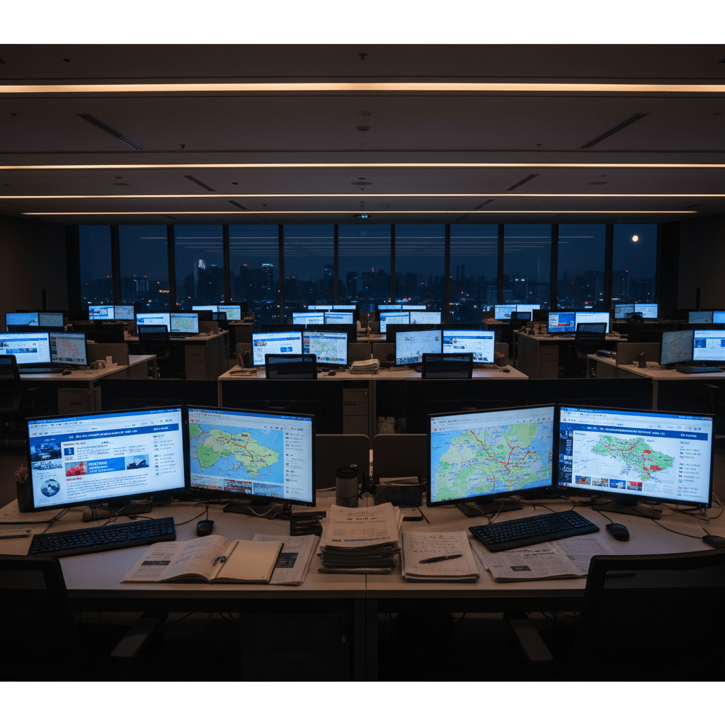 A wide panoramic photographic scene of a quiet, dimly lit newsroom interior at night, but without any people present. Multiple large computer monitors on sleek, dark desks display Chinese-language news sites and maps of Ukraine, their cool bluish glow softly illuminating keyboards, notebooks, and neatly stacked printouts. Outside the tall windows, a calm city skyline is visible in slight blur. Overhead, subtle ceiling lights add minimal warm contrast, creating a balanced, focused atmosphere. Captured at eye level with a slightly wide-angle lens, sharp focus on the foreground monitors and a gentle falloff into the background. The mood is professional, vigilant, and contemplative, emphasizing continuous coverage and dedication to peace reporting.