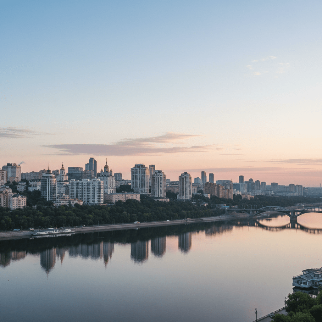 An expansive, photographic landscape of a Ukrainian city skyline at dawn, depicted without any people or vehicles. Neatly arranged residential blocks, church domes, and modern buildings stretch toward the horizon under a pale, gradually brightening sky. In the foreground, a calm river reflects subtle pastel colors of early morning light, with bridges and riverbanks rendered in clear, realistic detail. The lighting is soft and diffused, casting long, gentle shadows and emphasizing a sense of stillness after tension. Shot from a high vantage point with sharp focus throughout, composed using the rule of thirds to balance sky, water, and city. The mood is contemplative and cautiously optimistic, aligning with a professional, peace-oriented news perspective.